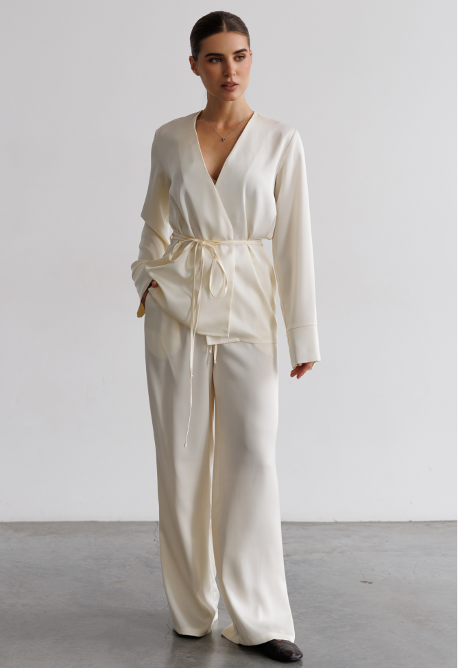 Cream suit with palazzo pants and kimono jacket with belt